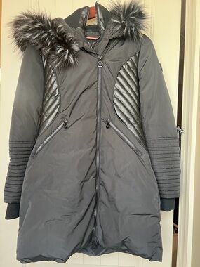 Noize Mid-Length Parka Vegan Leather Faux-Fur Hood Trim Size Small